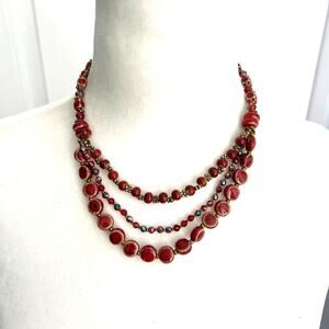 Burnt Red Maroon Handmade Artisan Triple Strand Funky Earthy Necklace